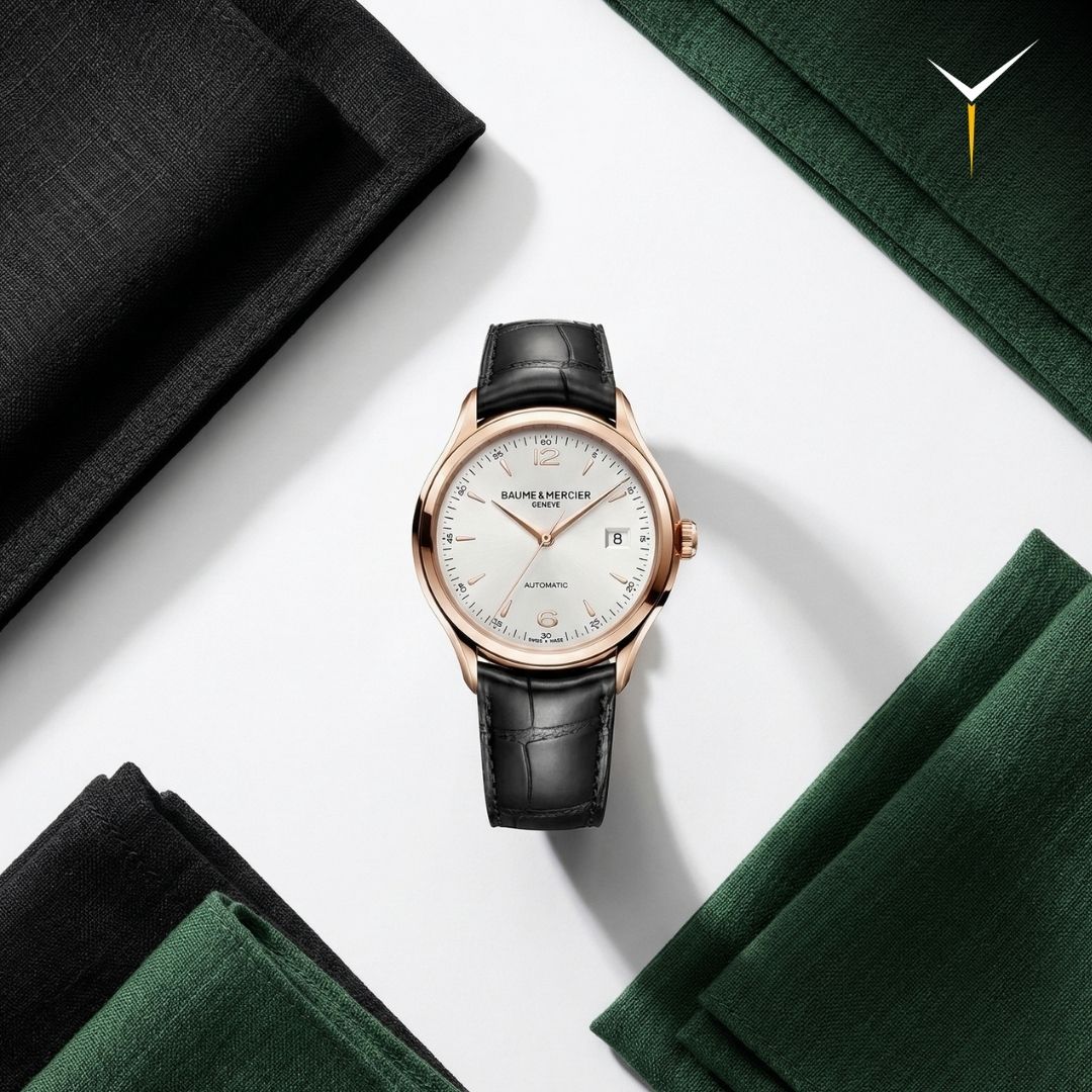 Baume e Mercier orologio oro 18 kt uomo Clifton automatico MOA10058. Cinturino in pelle, stile vintage.